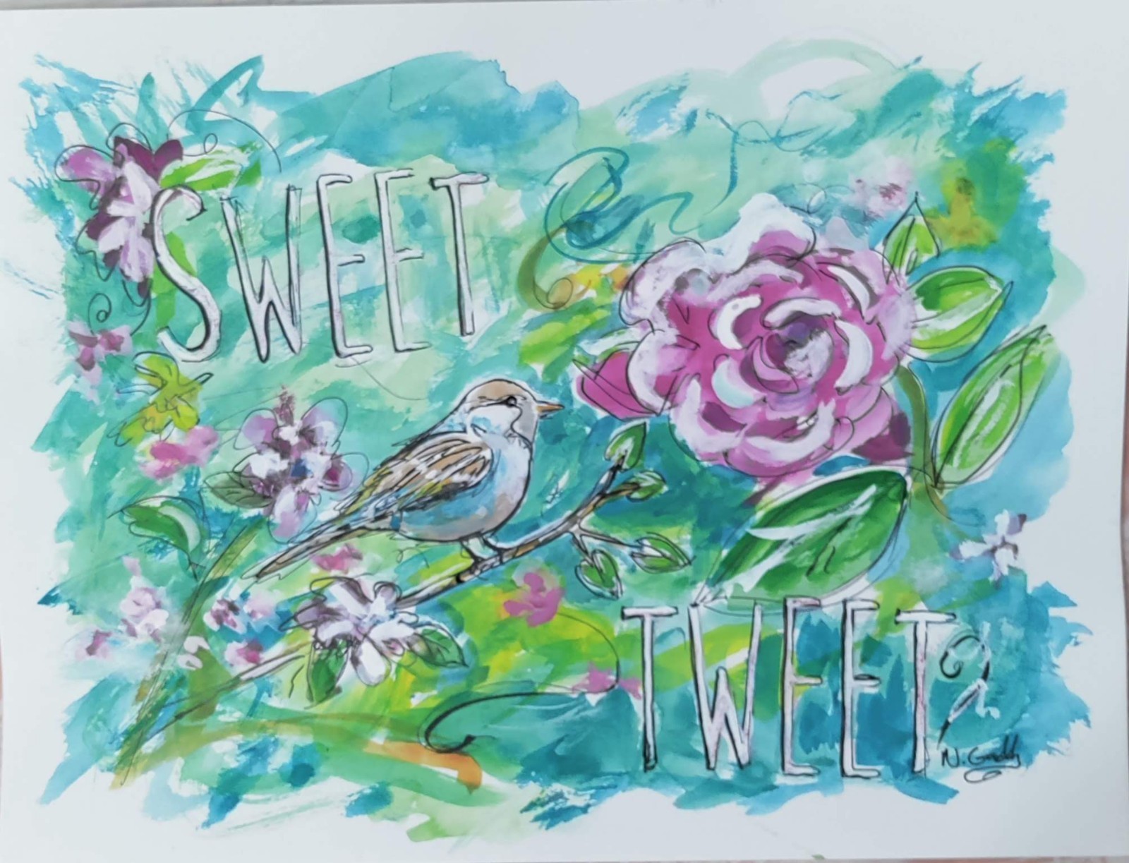 Original 9″x 12″ Abstract Expressive Sweet Tweet Bird Acrylic Ink On PAPER Art
