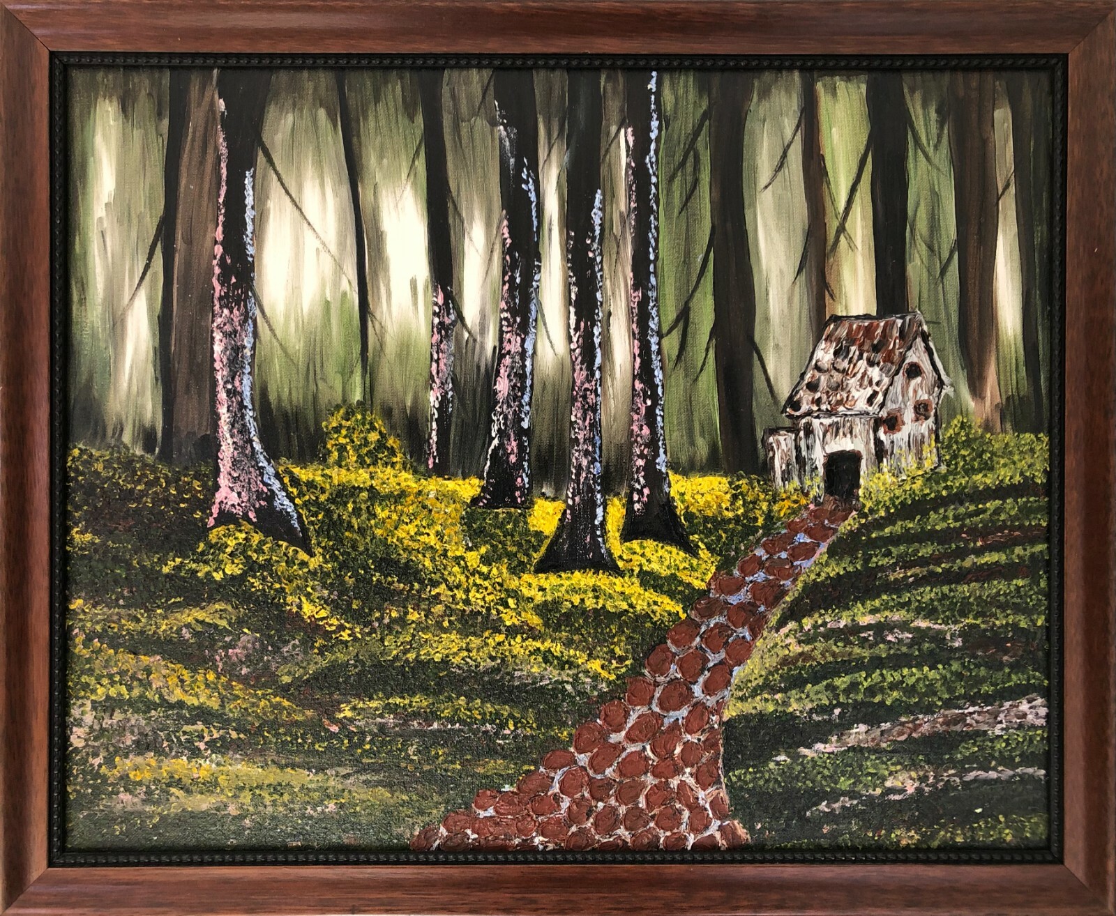 Cabin in the Woods with Filtering Sunlight – Framed Wall Oil Painting Art 