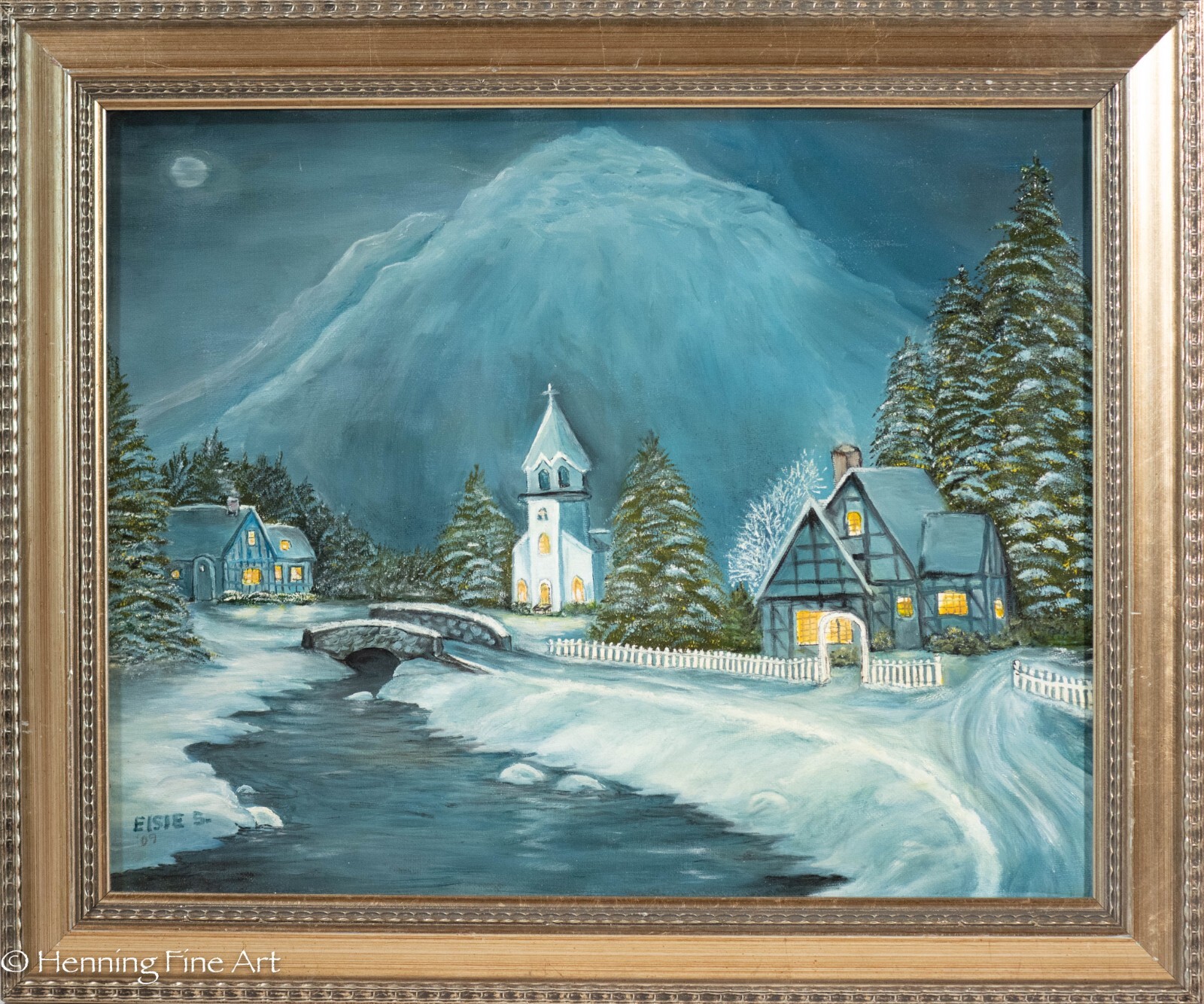 Beautiful Snowy Village Christmastime Oil Painting Stone Bridge, Homes & Church