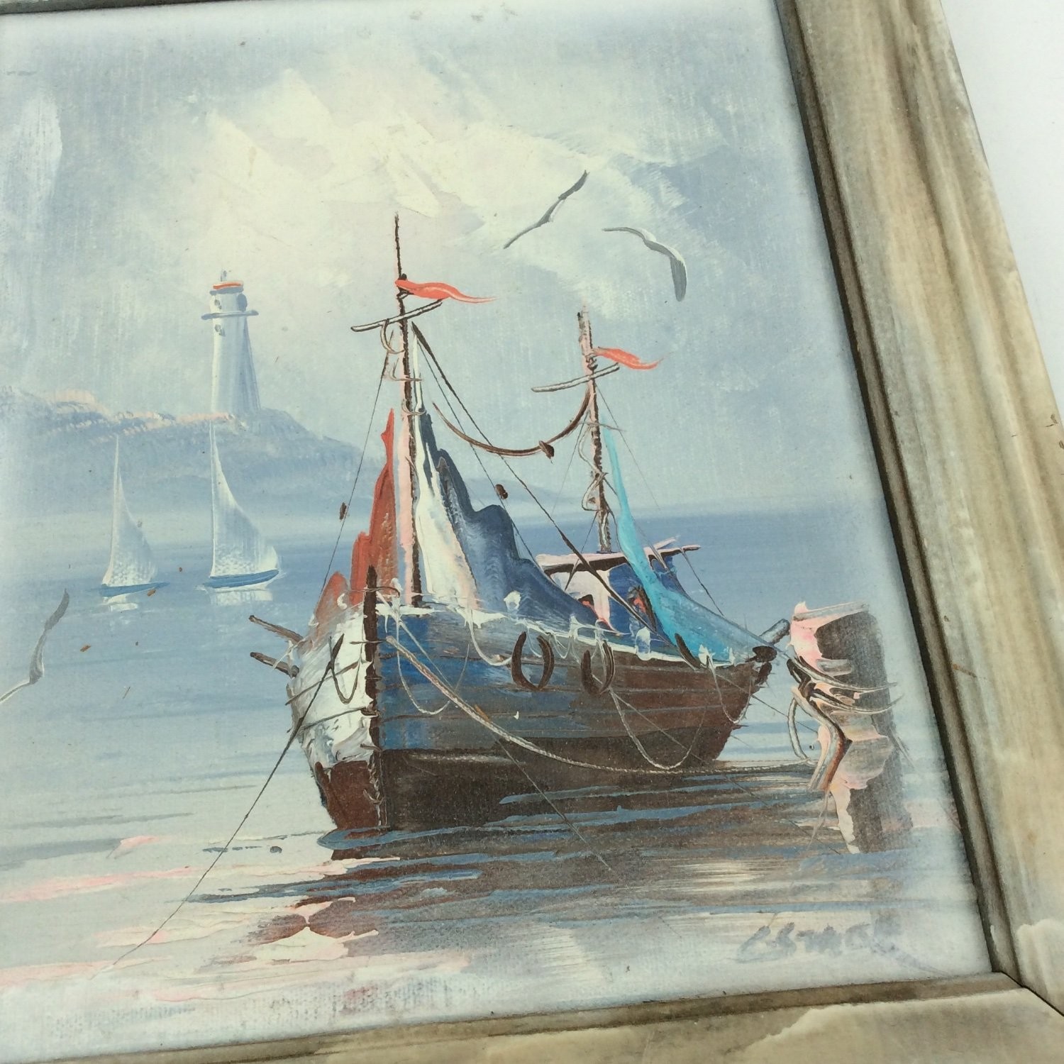 C. Stack Original Oil Painting Nautical Seascape Fishing Boat Small Canvas MCM