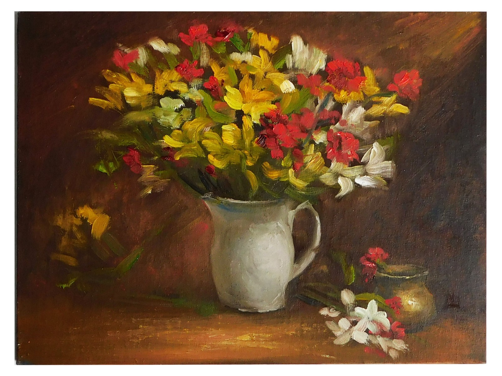 Vintage Original Oil Painting Realism Still Life Flower in White Picher 9″ x 12″