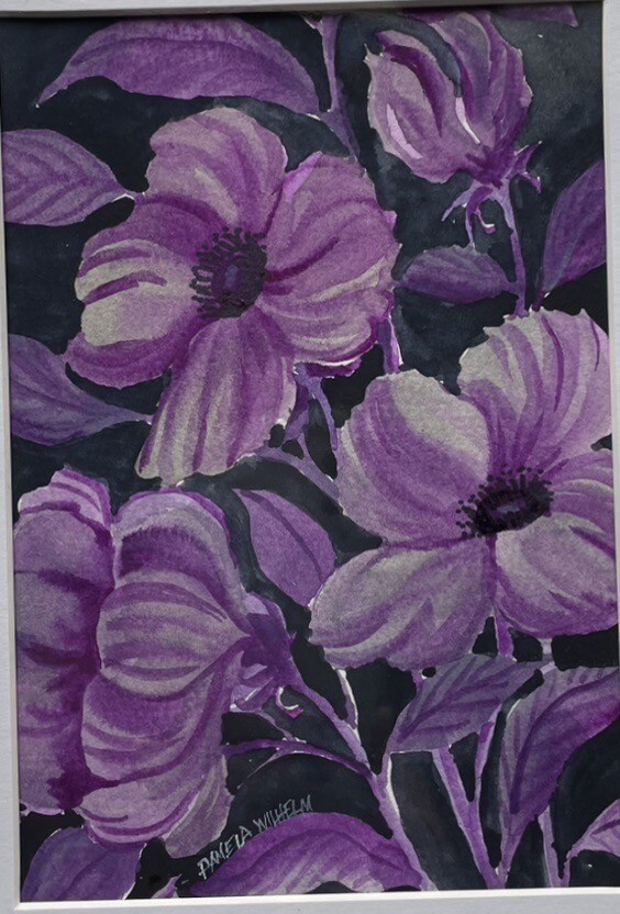 Pamela Wilhelm original 5”X7” Matted To 8”x10” Gray Purple Black Fantasy Floral