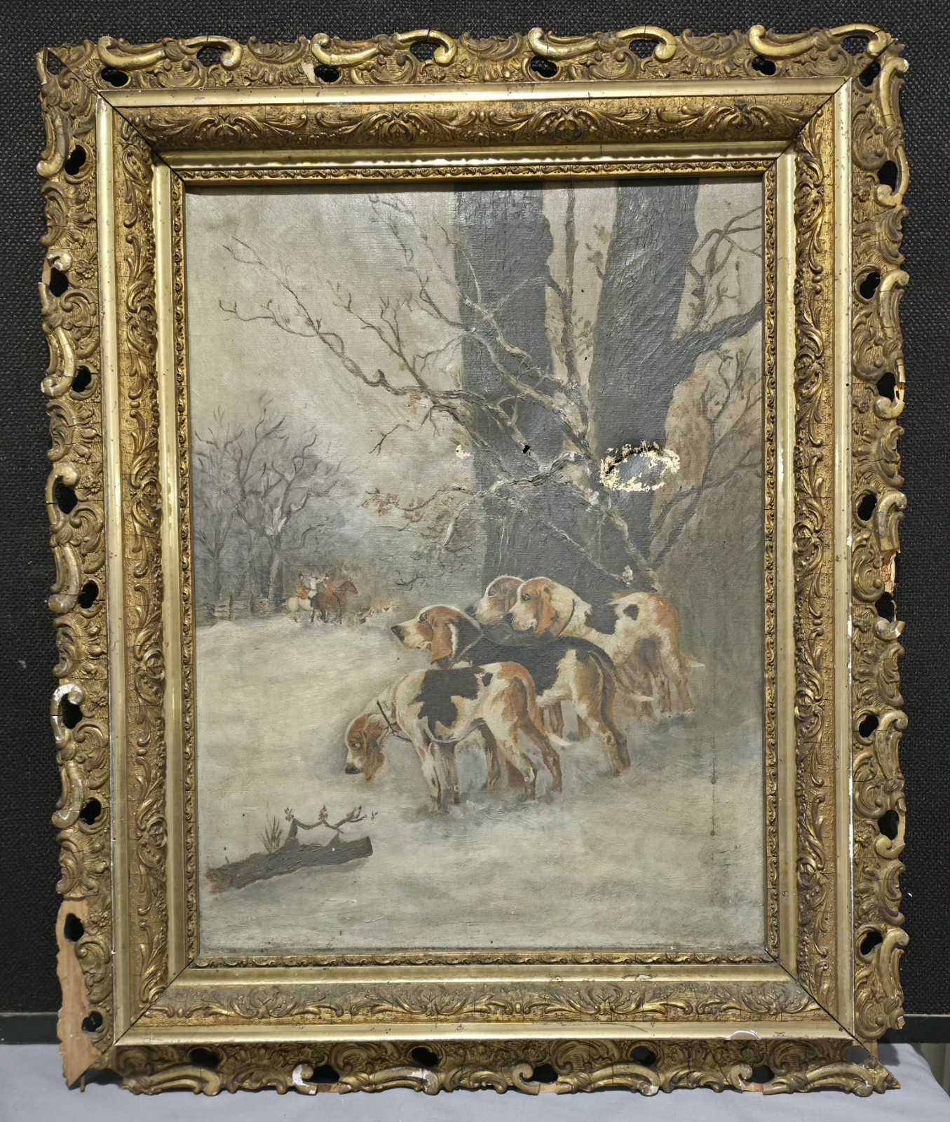 FINE ANTIQUE OIL ON CANVAS – HUNTING DOGS IN WINTER- PERIOD FRAME -READ!