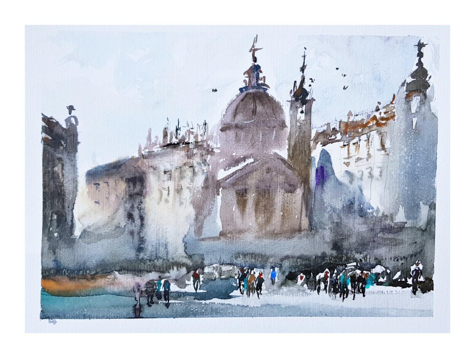 Original Watercolour Watercolour Mediterranean Houses People Street Sun Mood