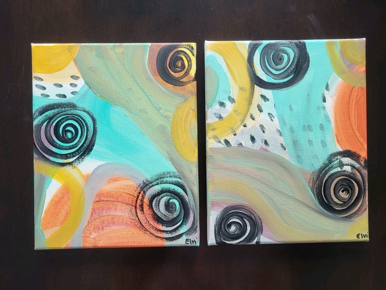 Set Of 2 Original Abstract 8×10 Paintings On Canvas Colorful Modern Art