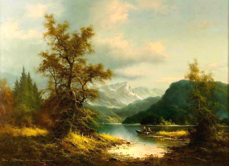 LUDWIG MUNINGER (GERMAN) SUMMER LAKE SCENE – ORIGINAL OIL PAINTING ON CANVAS