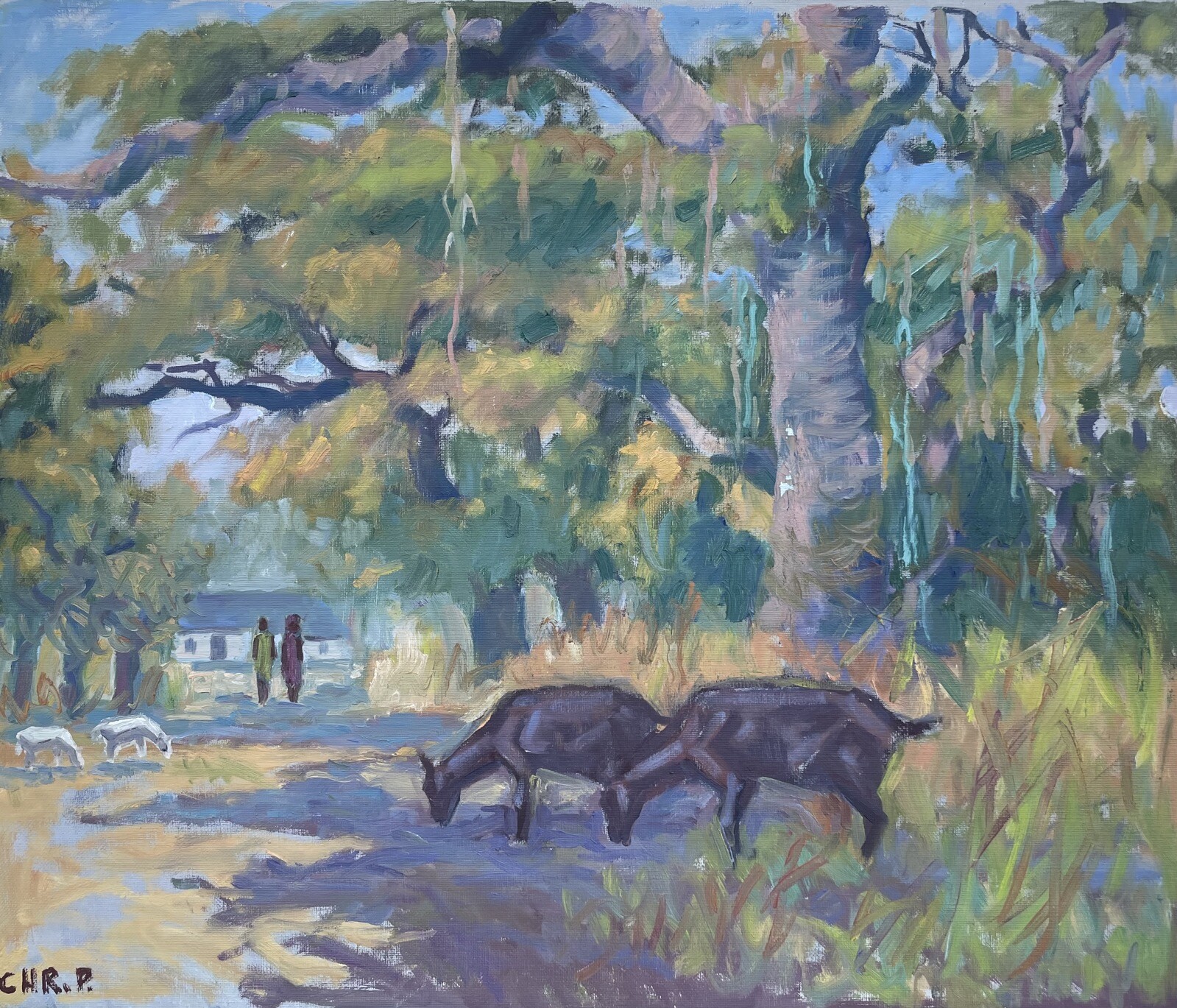 Impressionist Sunny Park Landscape with People and Deer Oil Painting 66x56cm