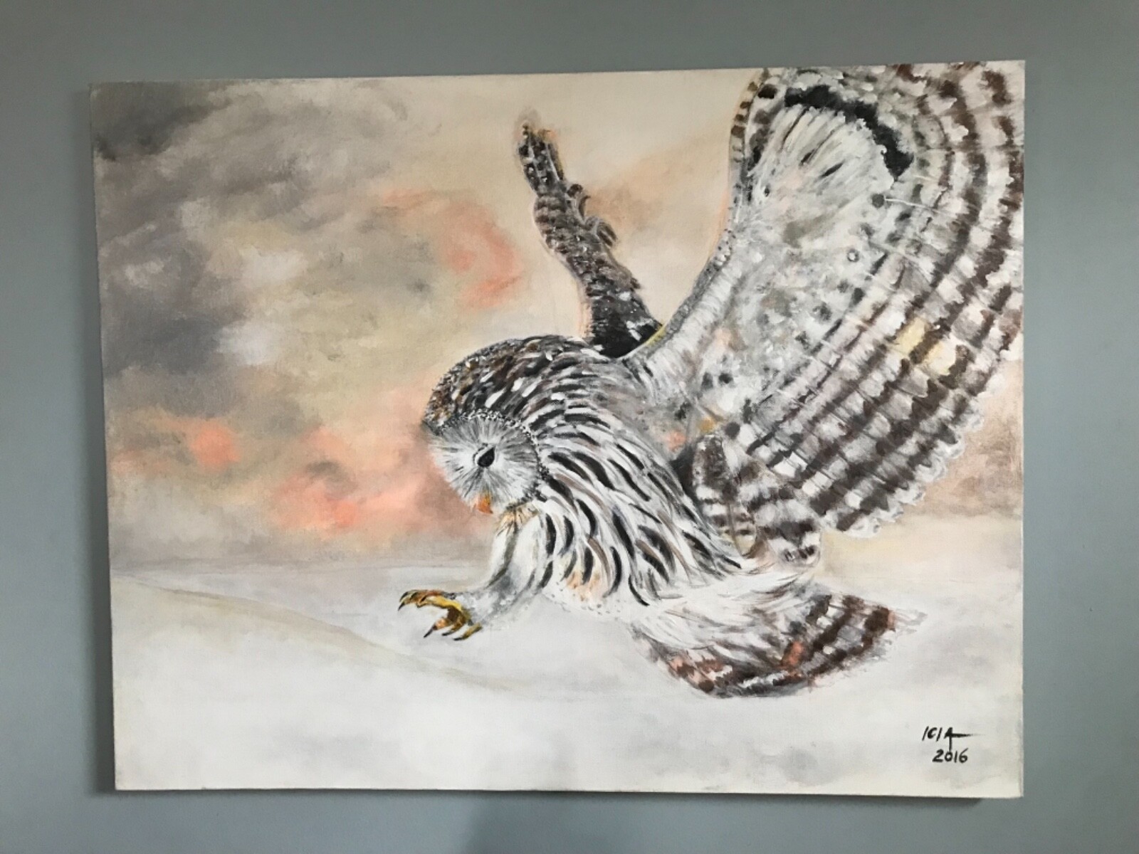 Original acrylic painting- flying owl on canvas 28×22 in, wall art