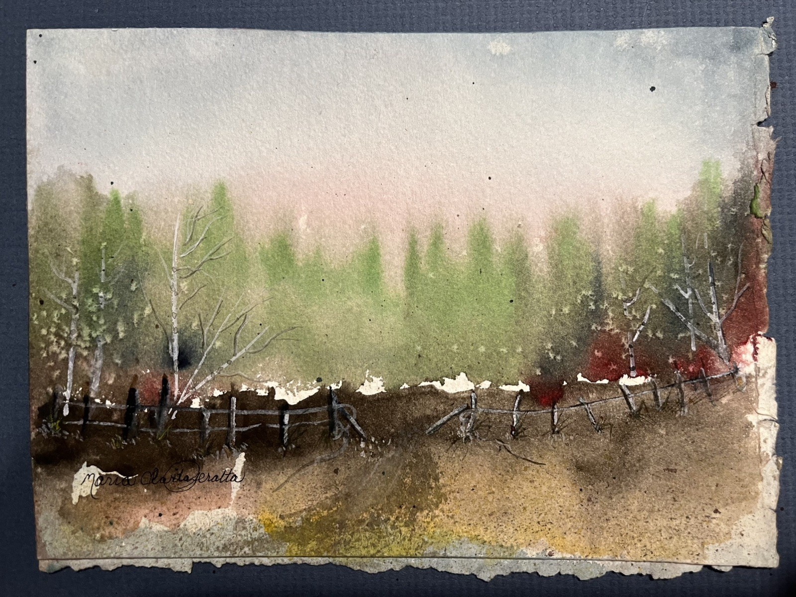Original Signed Maria Clarita Peralta Watercolor Woods/Fence on Deckled Paper