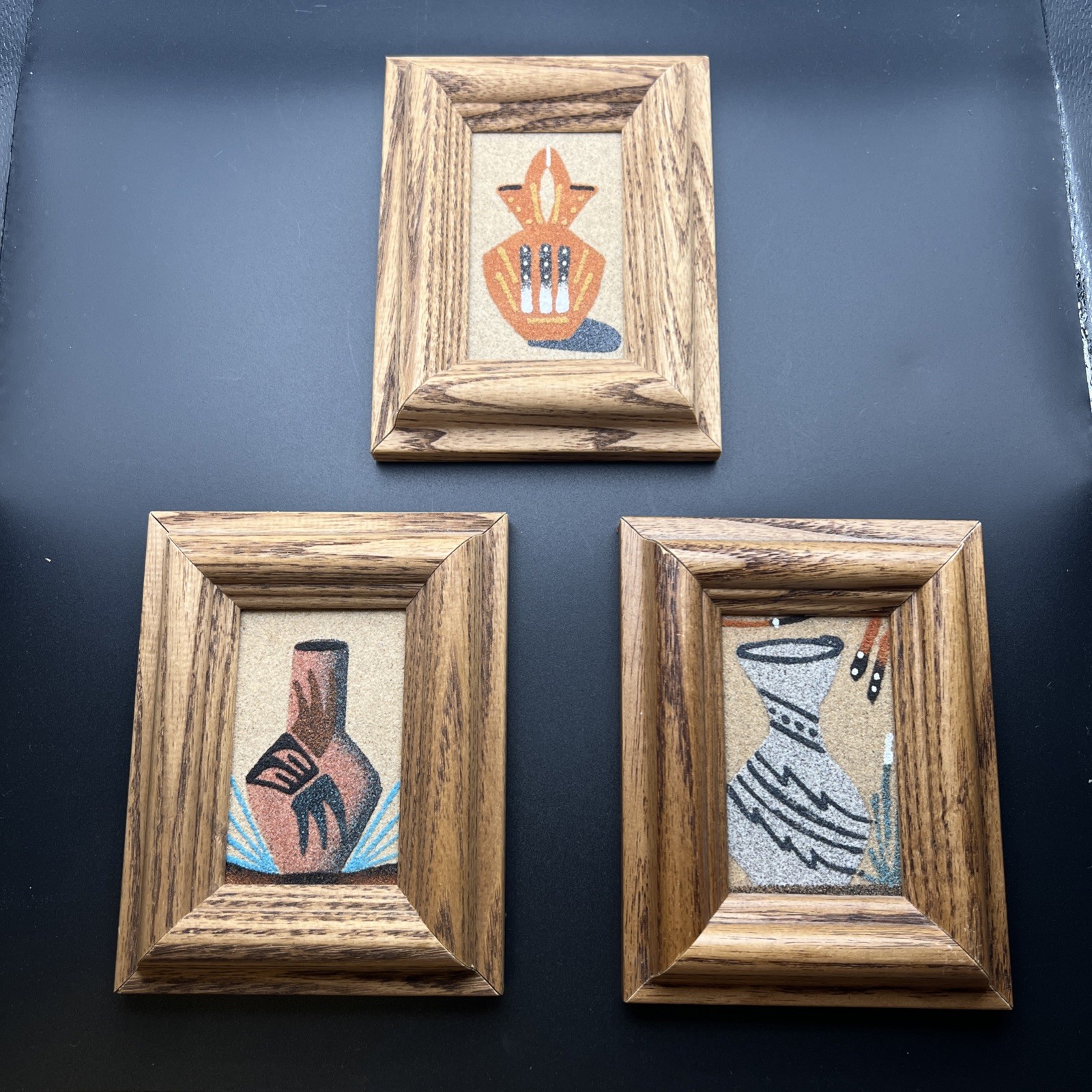 Vintage Framed Miniature Oil Painting Set of 3 Southwestern Pottery 3.75″x4.75″