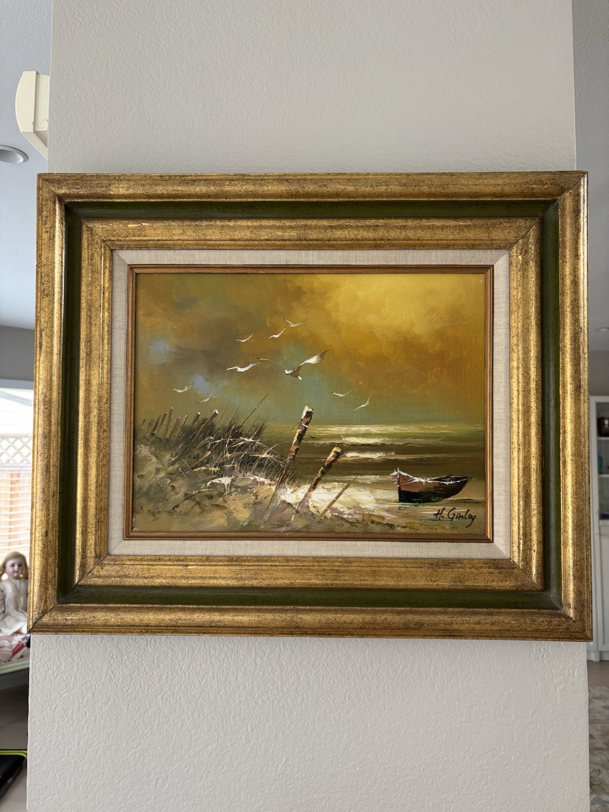 H.Gailey Framed Signed Oil Painting Ocean Seascape Seagulls Wood Framed 16”x 12”