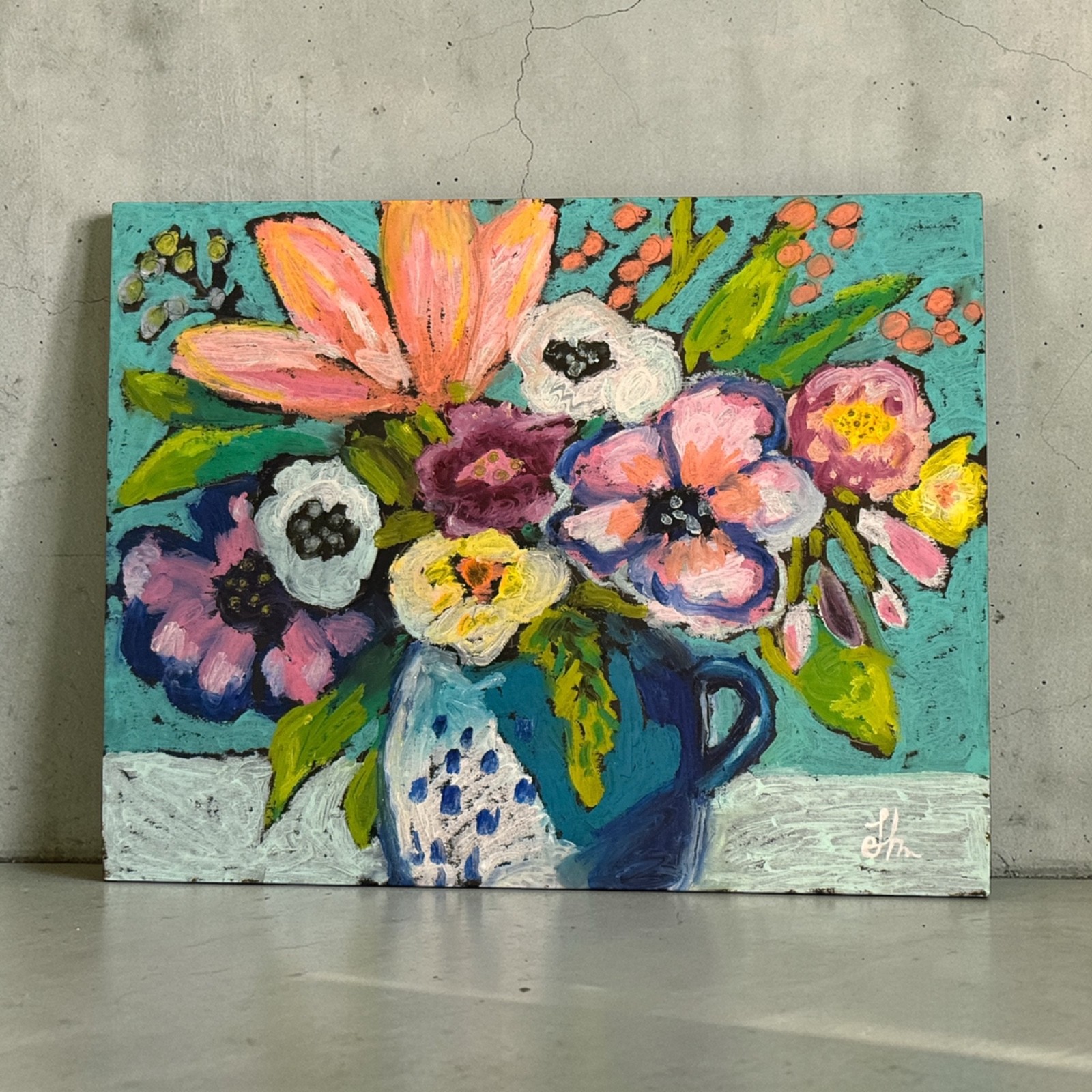 Original Floral Oil Painting 11×14 Signed Blue Pitcher Flowers Still Life