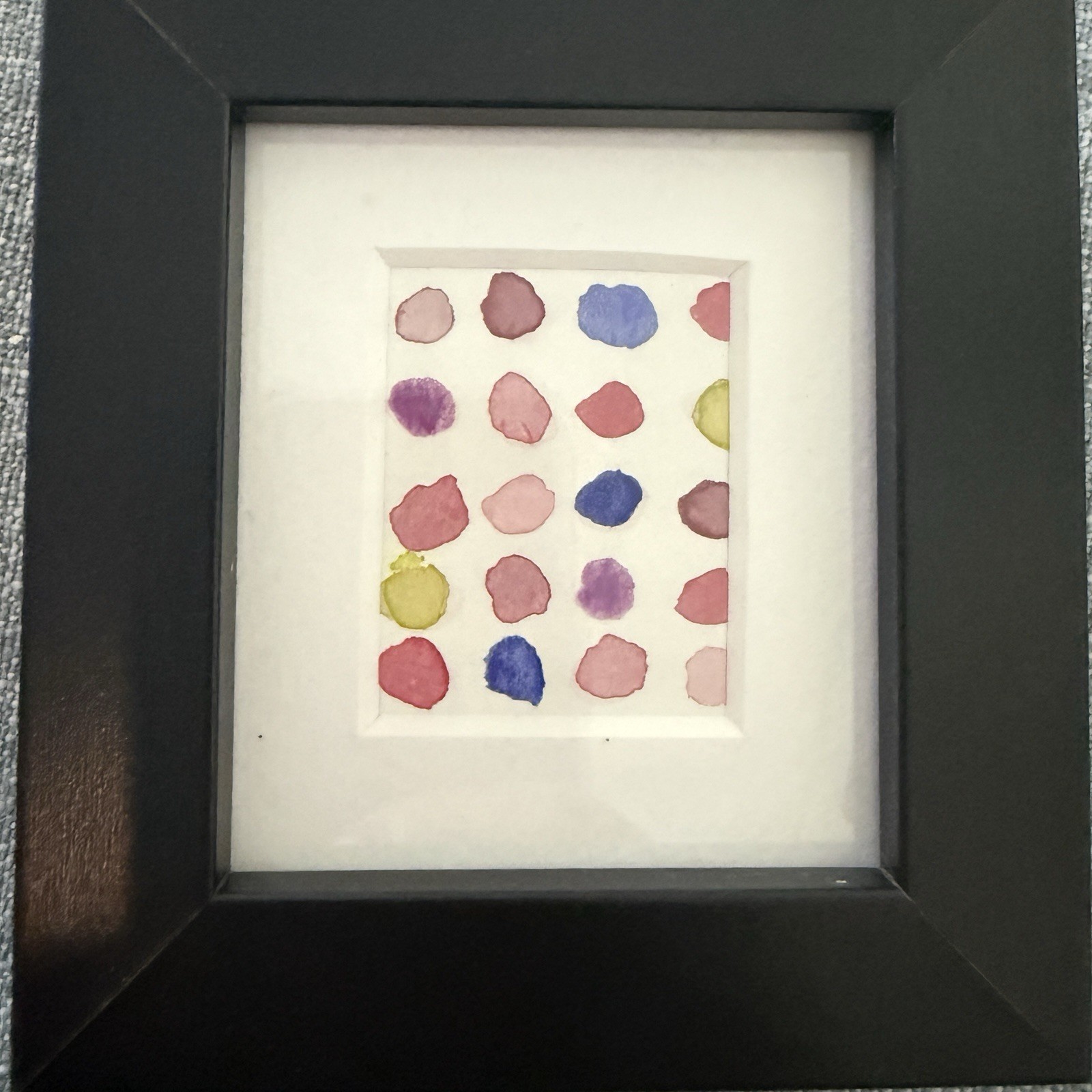Original Miniature Watercolor Painting On Paper, Framed, Abstract Dots Pastel