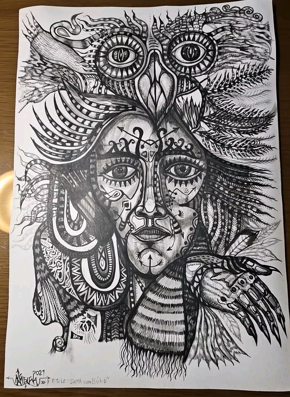 Acrylic ,ink On Cardboad Nelson Laguna cuban T:Dama Con Buho.Art 18×13 In