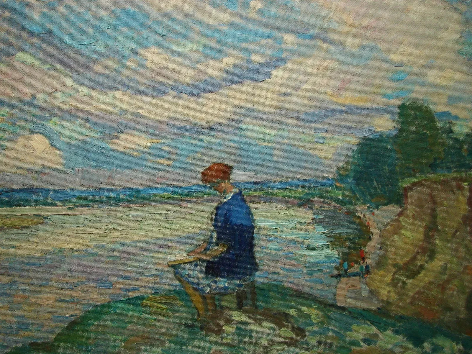 Ukrainian Soviet Oil Painting Pointillism female figure girl rest river clouds