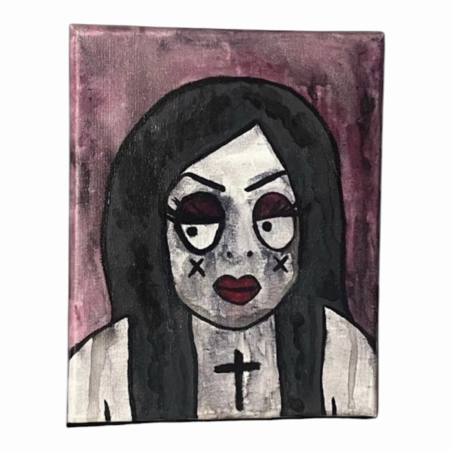 Original Painting Goth Girl Red Lipstick Dark Art Canvas Gothic Cross Woman