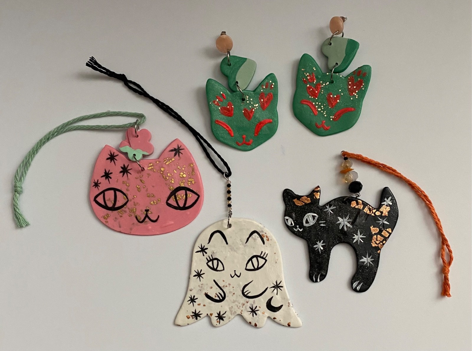 Hand Made Cat Ornaments by Bunny Dee – Set of 4 Black, Pink, Green & Ghost Cat