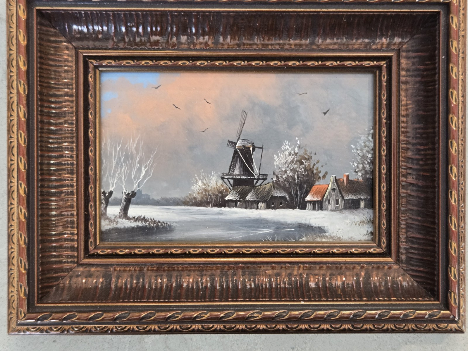 VTG Dutch Windmill winter landscape painting