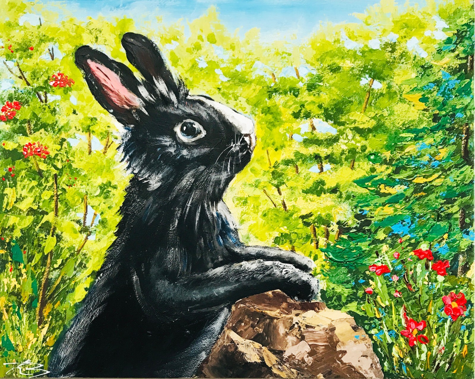 Original Art Rabbit Painting Easter Gift Black Bunny Lover Gift Figurine 9 x 12″