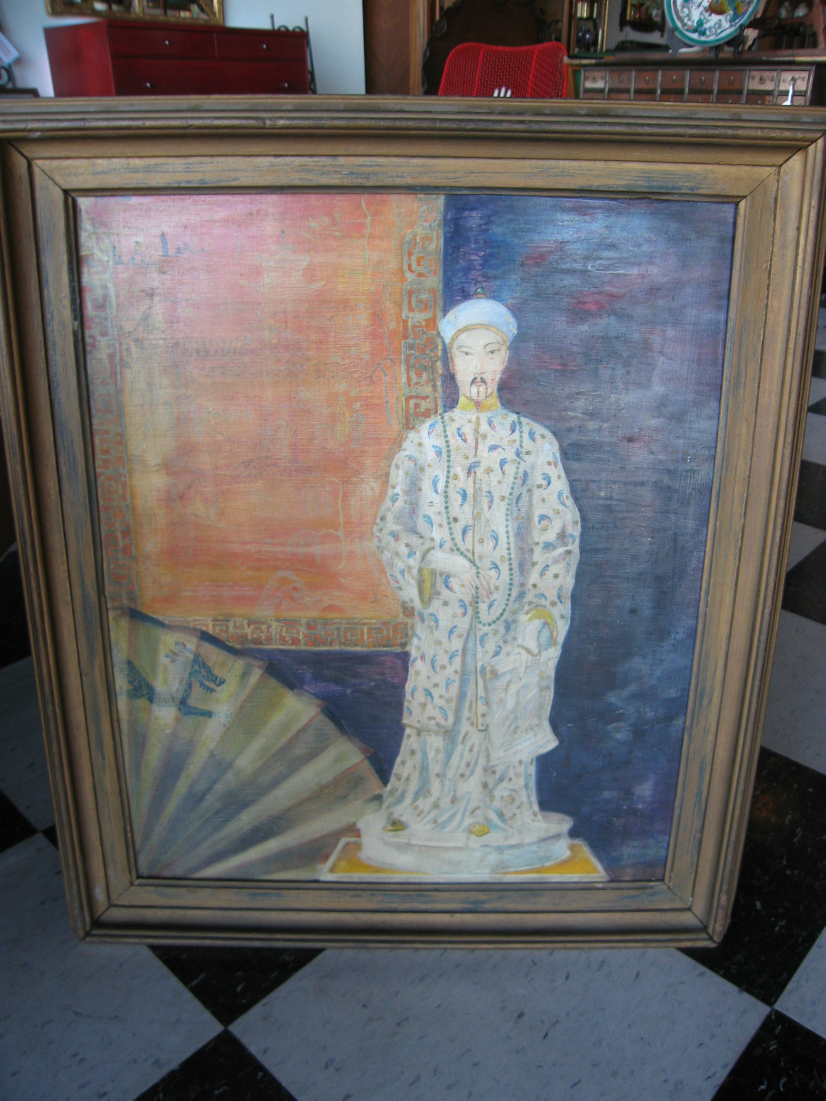 Vintage MCM 1945 Signed Baker Oil on Board Still Life Painting Asian Figure Fan