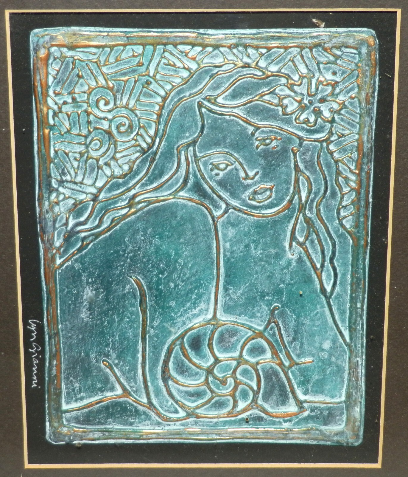 Lyn Gianni Original Acrylic on Board Lady with Nautilus Shell Verdigris Signed