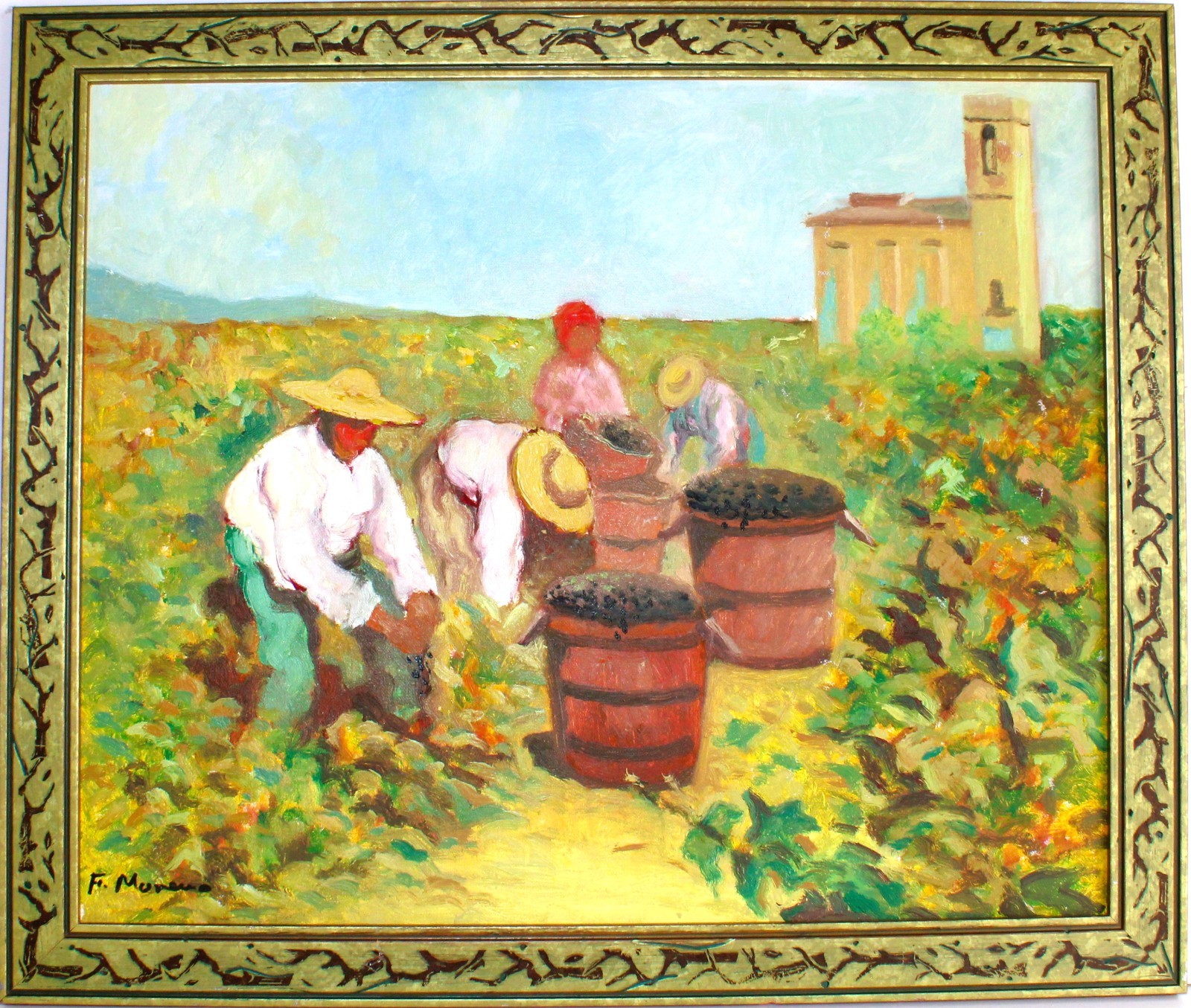 OIL PAINTING ON BOARD SIGNED F MORENO MODERN IMPRESSIONISM FIGURATIVO HARVEST