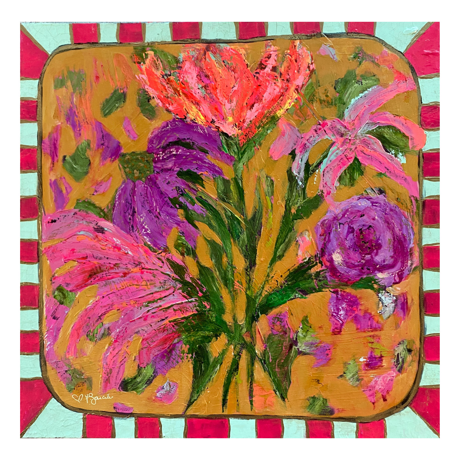 Abstract Floral «Candy Rose» 20×20 Expressionism Botanical Acrylic Canvas Signed