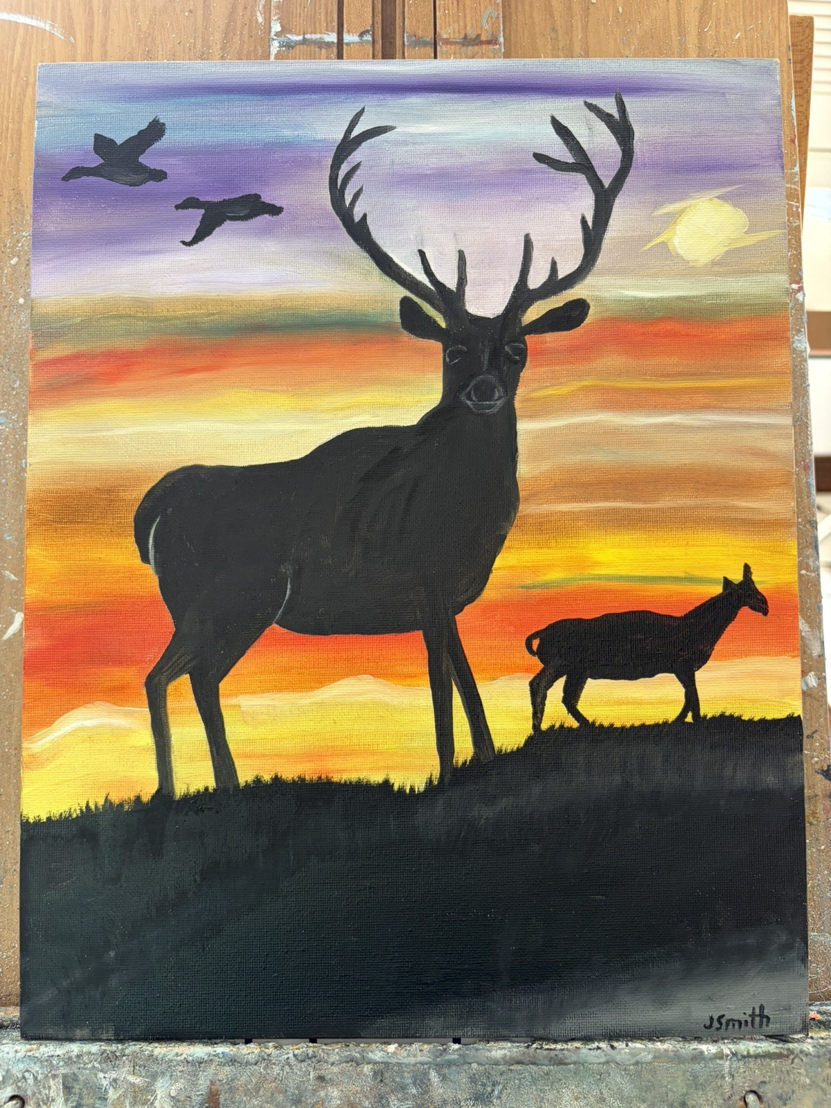Original oil painting 11 x 14 inches buck deer in silhouette at sunset