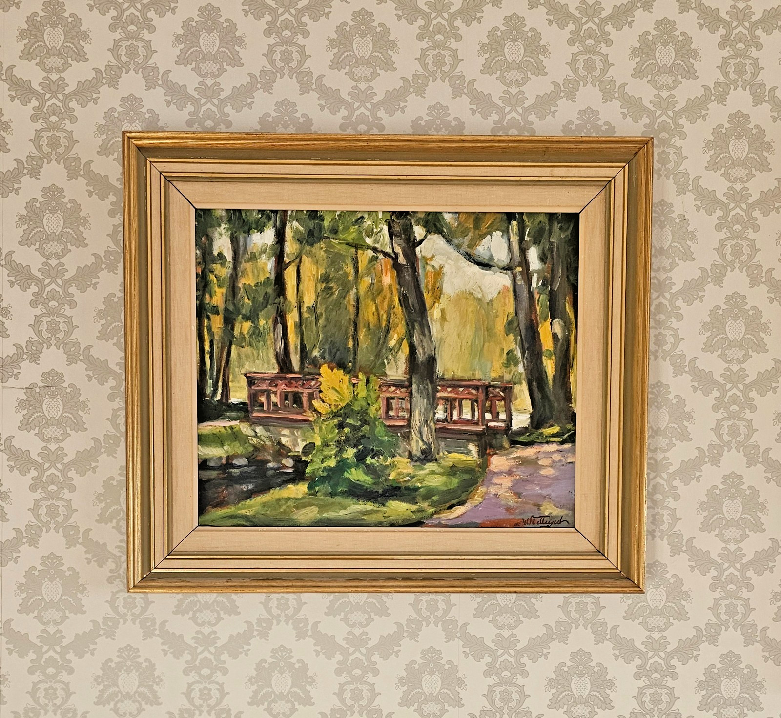 ORIGINAL SCANDINAVIAN MID CENTURY OIL PAINTING PARK BRIDGE LANDSCAPE SIGNED 1954