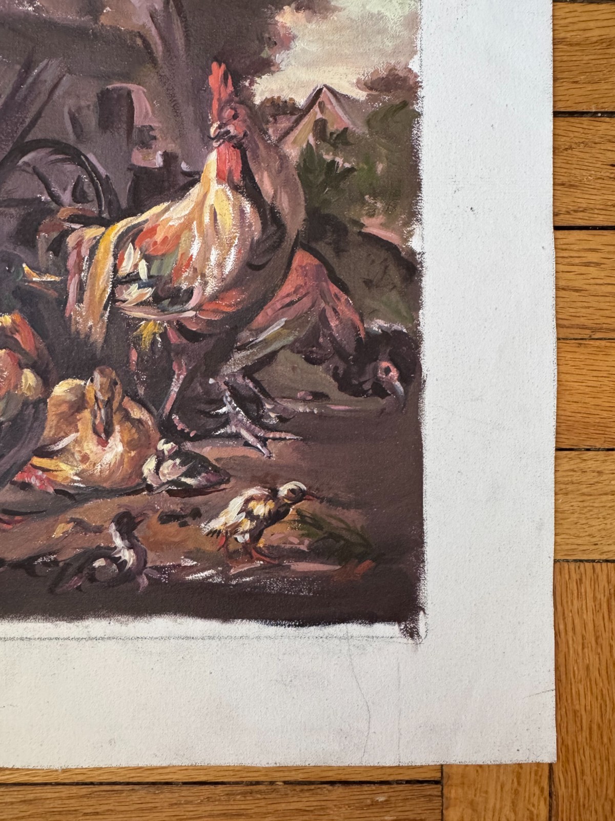 Vintage Acrylic Canvas Painting Mallard Ducks and Roosters Scene 8.5 x 9.5