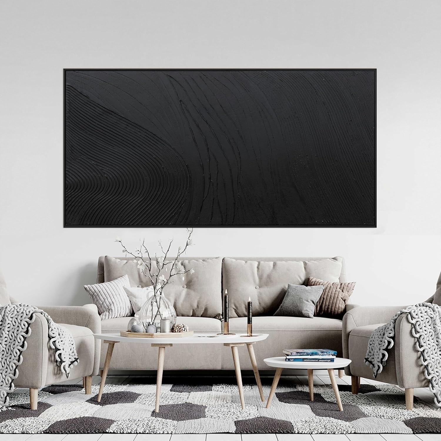 Contemporary Black Abstract Canvas Art – 29″x58″ Wall Hanging for Home Elegance