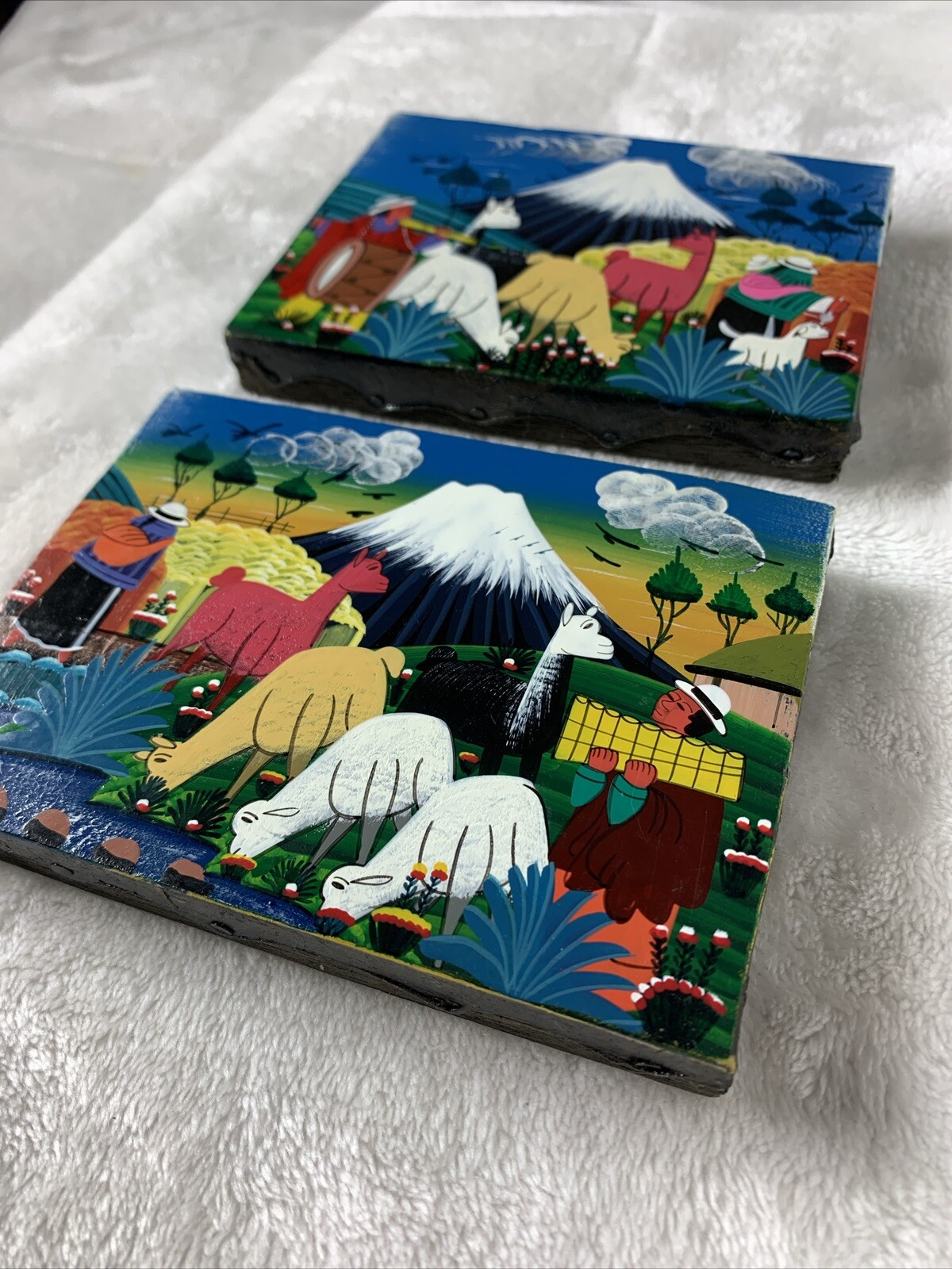 Vintage Cotopaxi Ecuador Mini Paintings Hide Llama Alpaca Signed Pedro Vega Pair