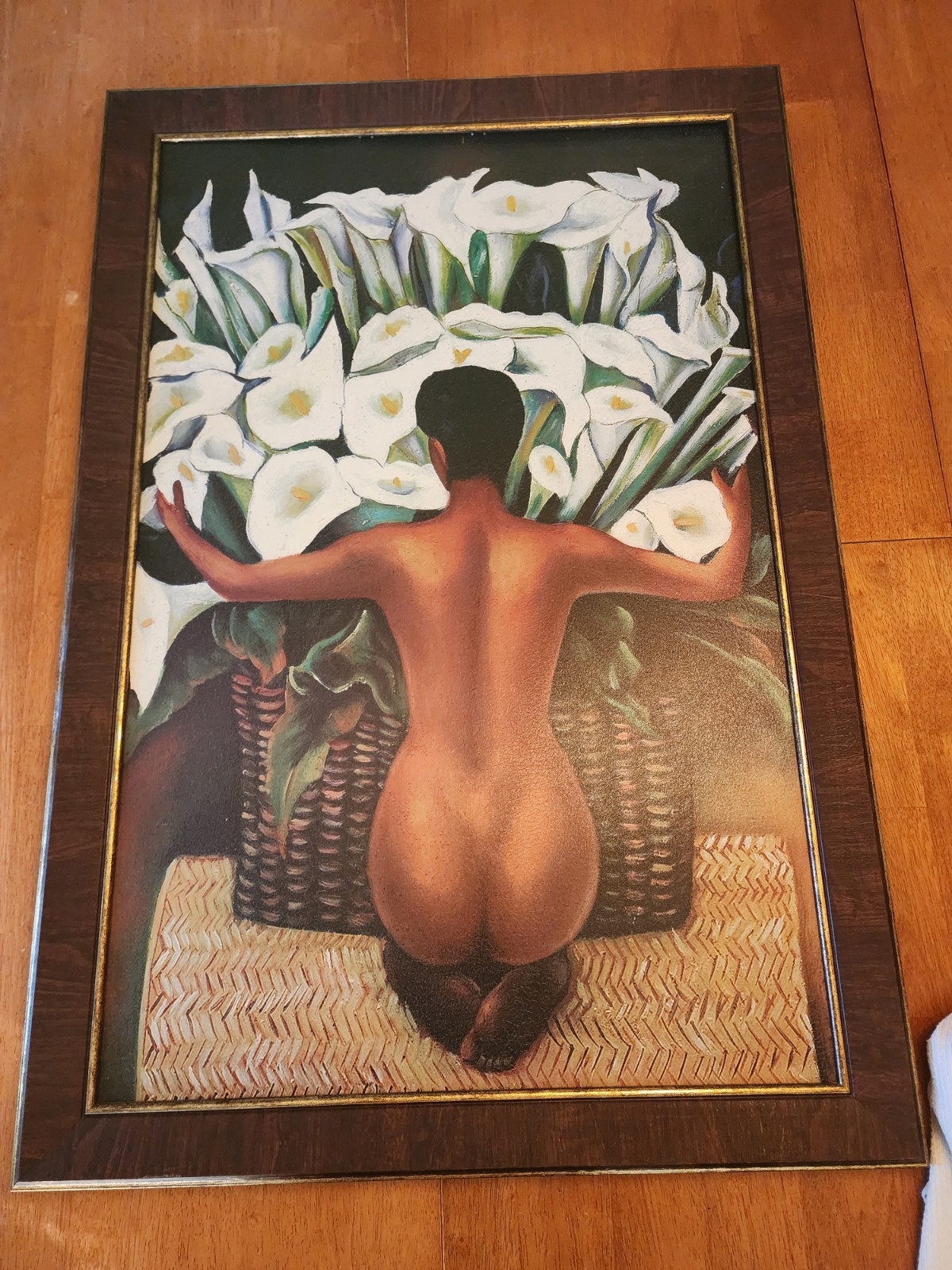 Brown Framed Nude with Calla Lilies by Rivera Canvas Artwork 27×37 Framed Size