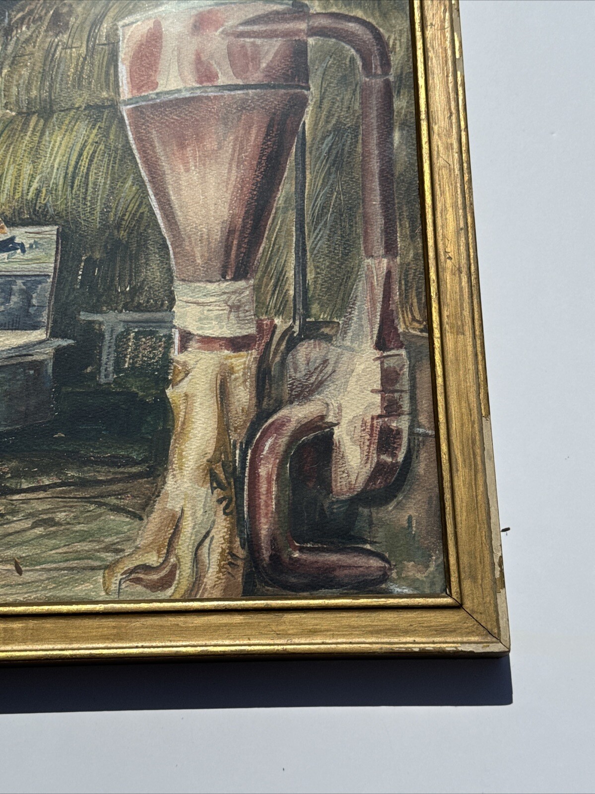 ANTIQUE AMERICAN REGIONALISM PAINTING LANDSCAPE FARM WORKER WPA MACHINERY 1930’S