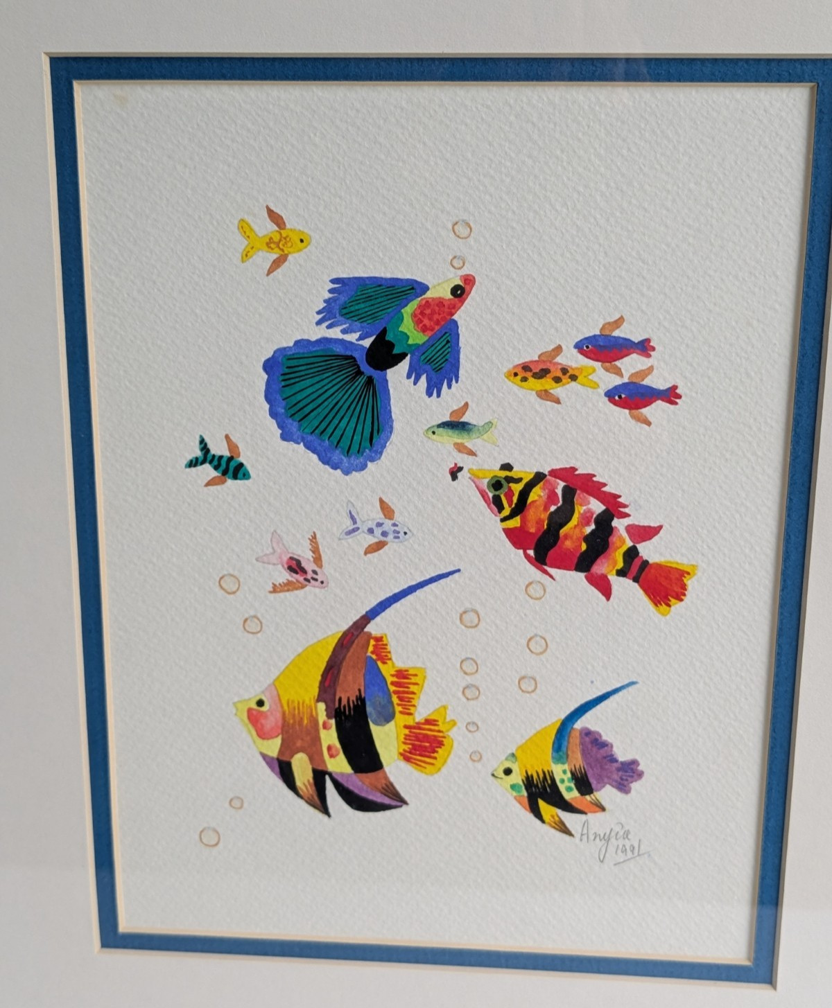 Vtg 1991 Watercolor Tropical Fish Painting 15×13″ Framed/Signed Wall Art Picture