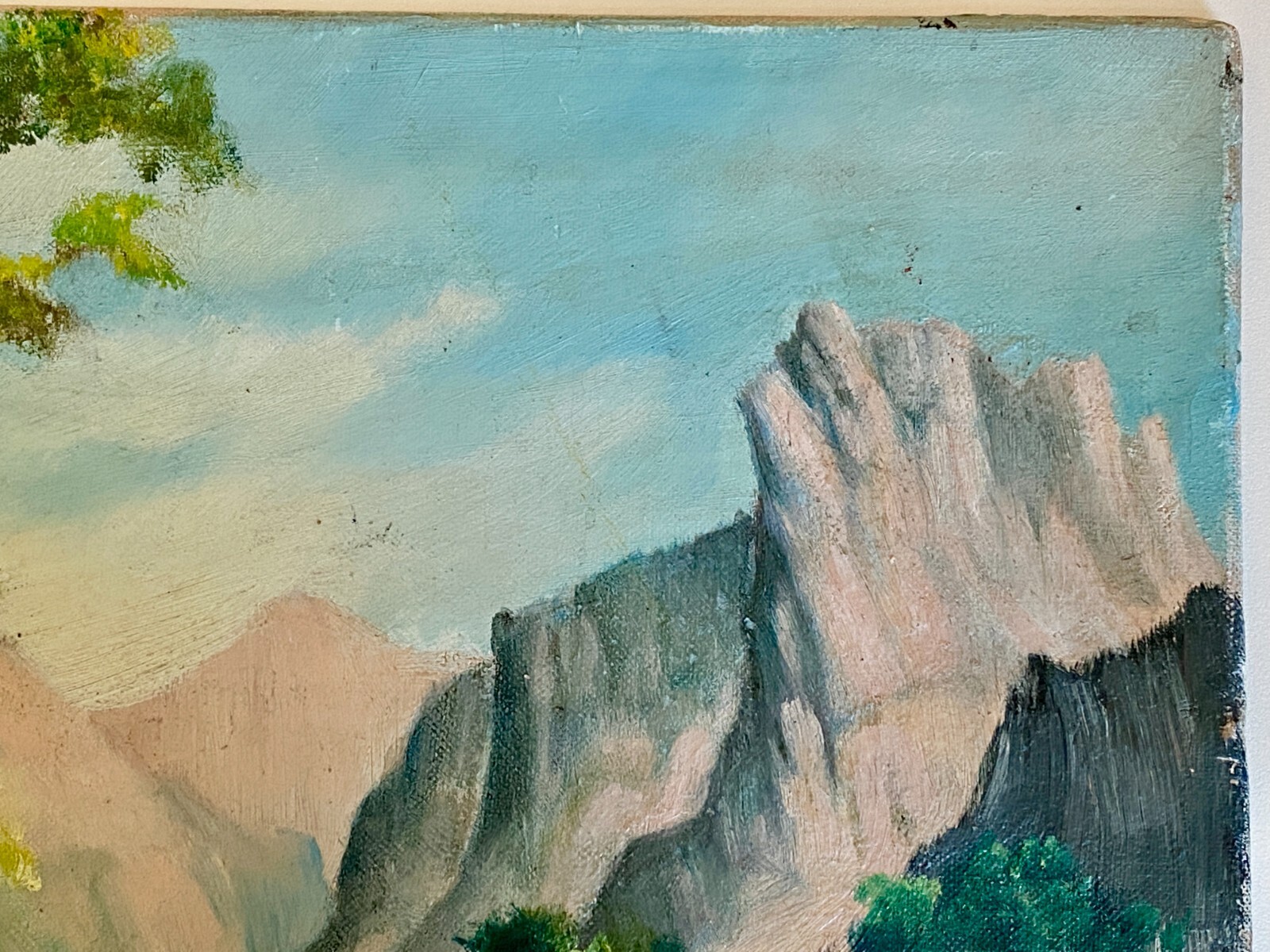 VTG Landscape Painting on Canvas Mountain Lake Trees Sky 14×10″ Yosemite Valley?