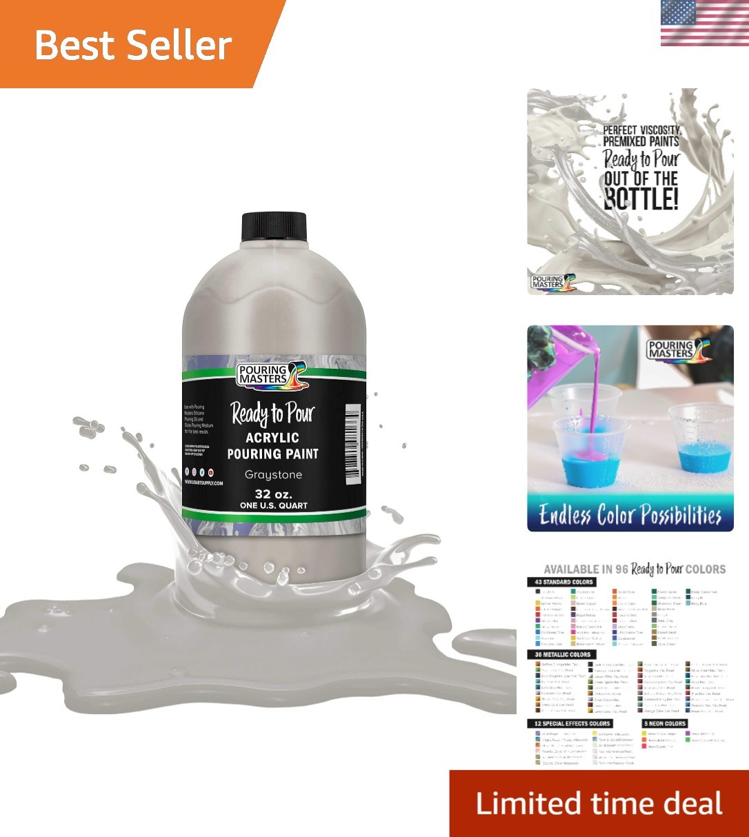 32oz Graystone Ready to Pour Acrylic Paint – Fast-Drying for Canvas