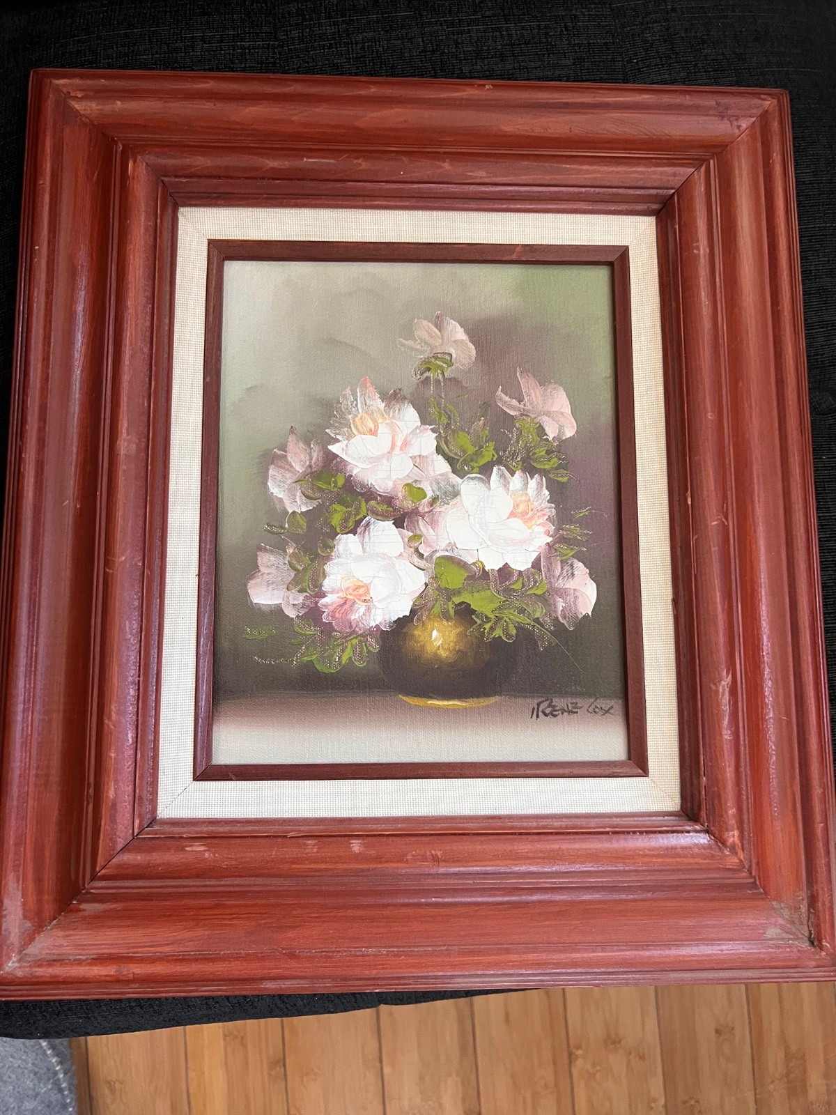 Irene Cox Still Life White Flowers In a Vase, Signed and Framed 17”H X 15”W