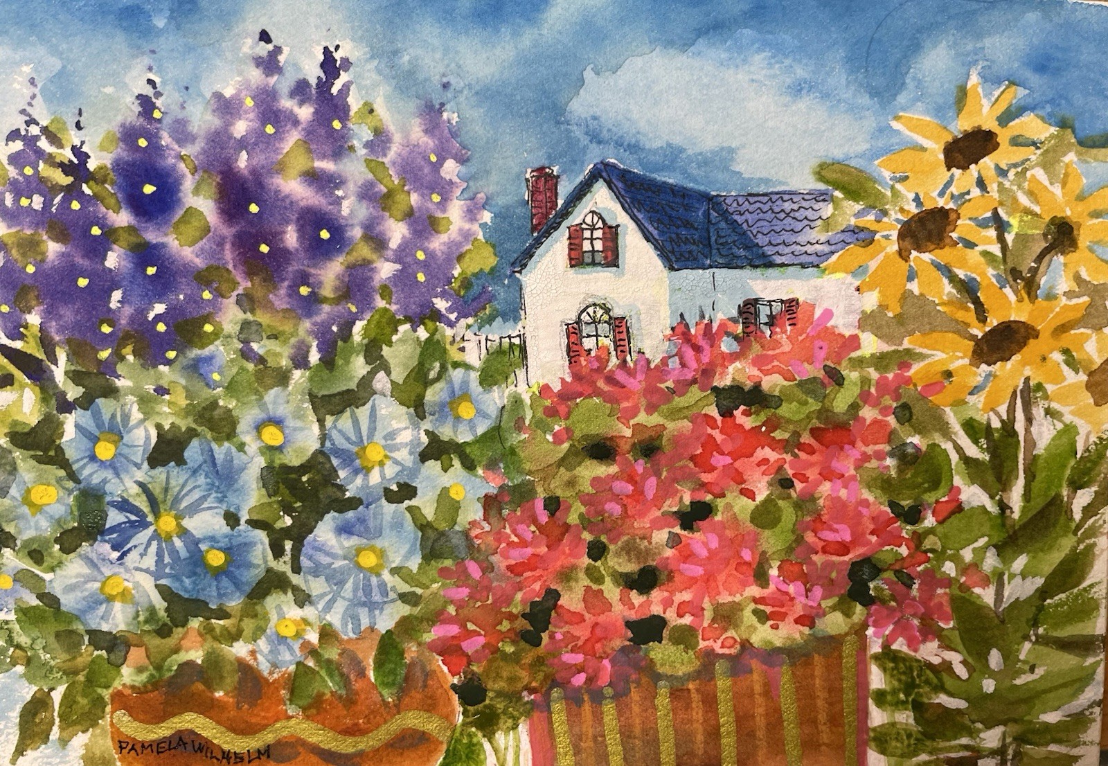 Original Pamela Wilhelm whimsical Garden White House with Red Geraniums shutters