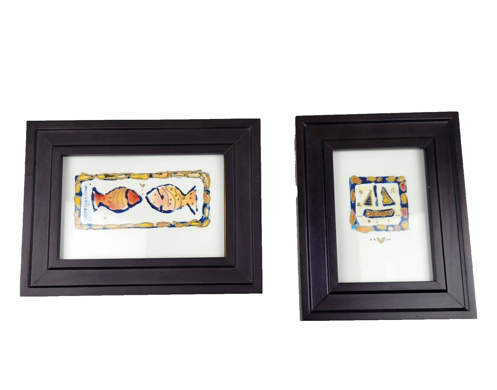 Whimsical Fish & Boat Art Pair Framed Signed Swiss Studio PERCHO Carouge‑Genève