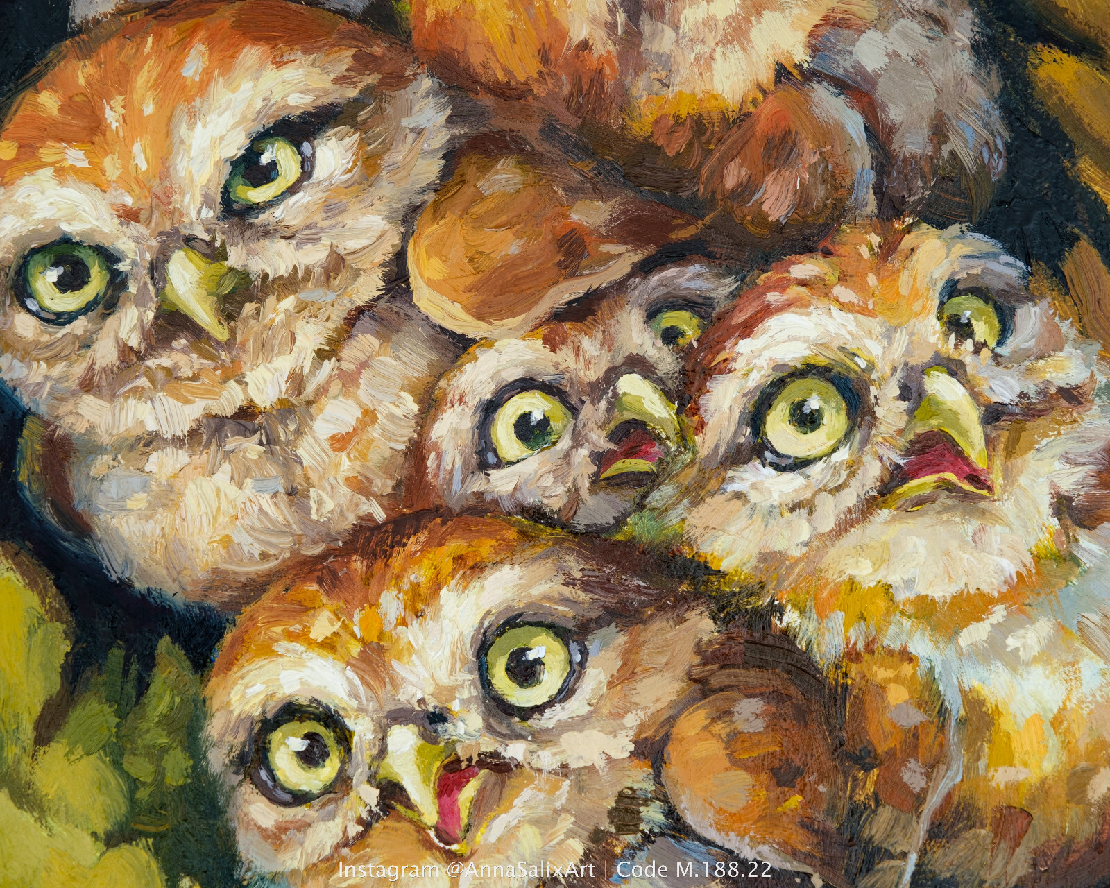 Original Cute Owlets Oil Painting, Small Birds Portrait Animals Impasto Wall Art