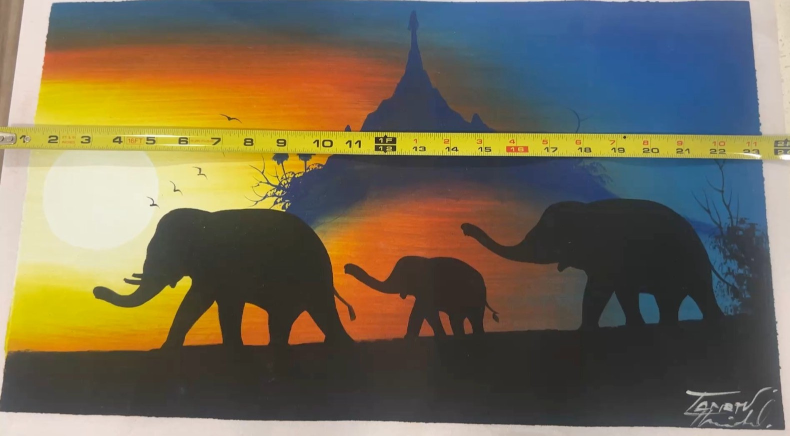 Wall Art Thai Elephant Sunset Painting 14.5x24in signed