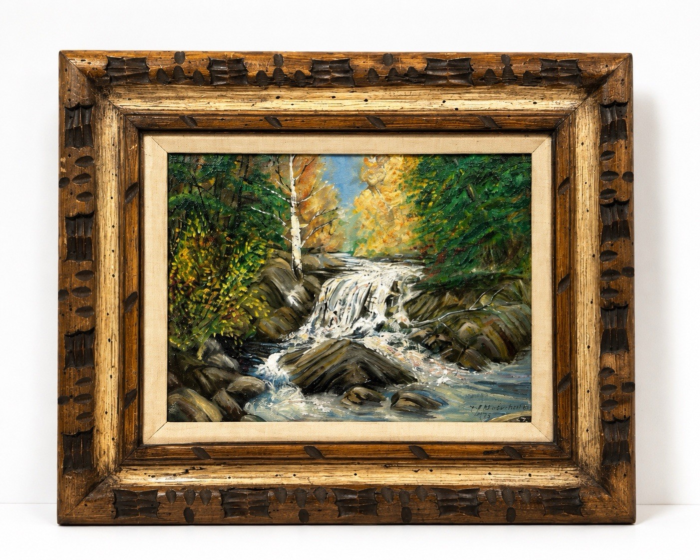 W.E. Richardson Original Oil Painting Waterfall Landscape 1975 Rustic 24×20