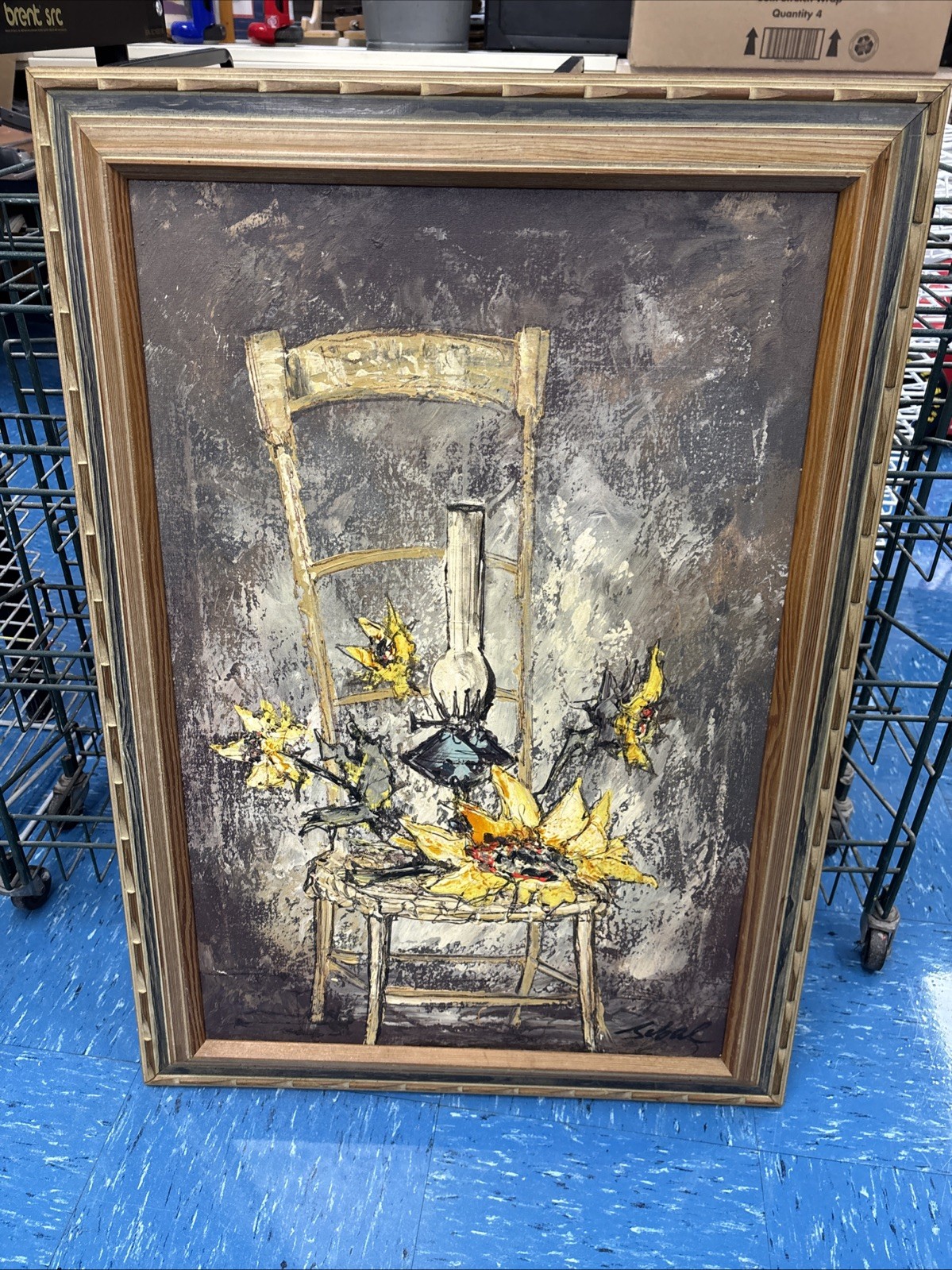 Vintage Oil painting still life chair sunflowers lamp framed In The 70’s Signed
