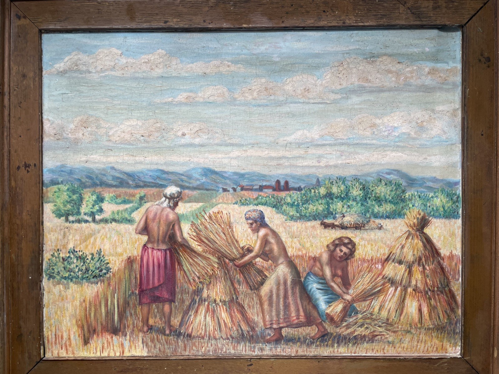 ANTIQUE OIL PAINTING NUDE WHEAT HARVESTERS ORIGINAL