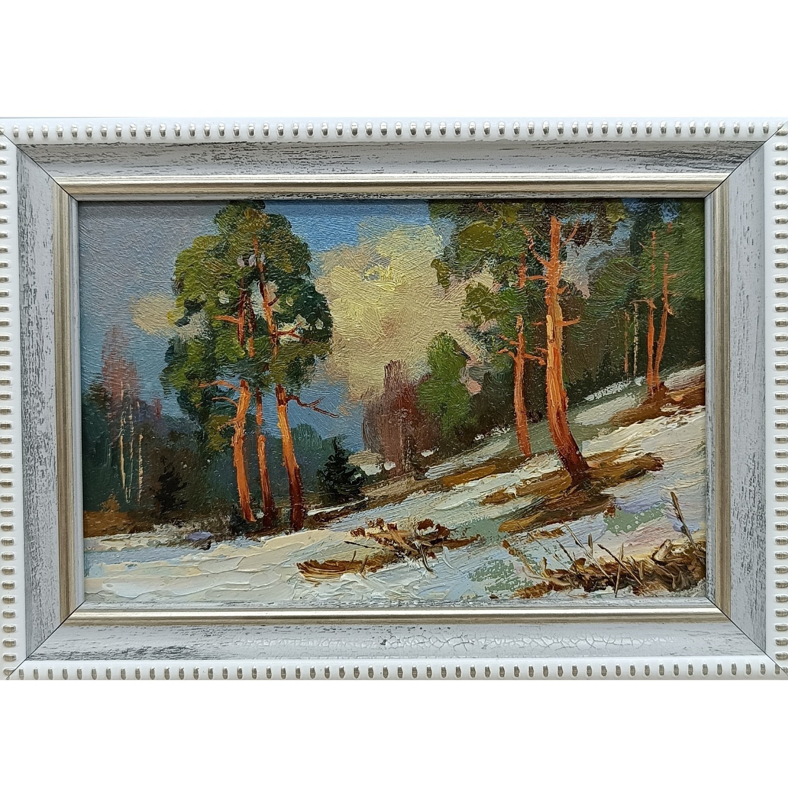 Pine Trees Original Oil Painting 6×4 Framed Signed Winter Forest Landscape Art