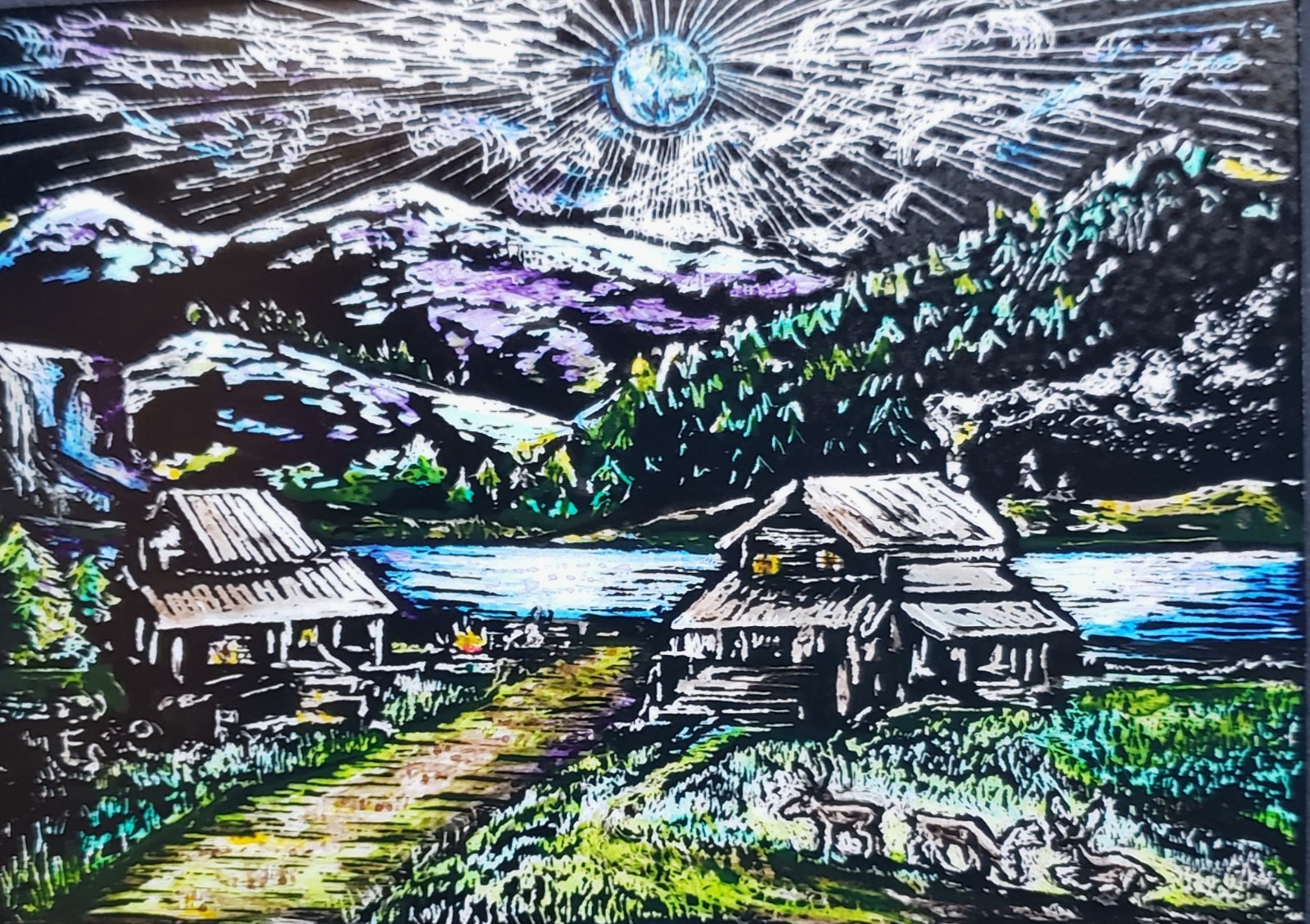 Landscape Original ACEO Moon Deer Cabin Campfire Mountain Scratchboard Art Card