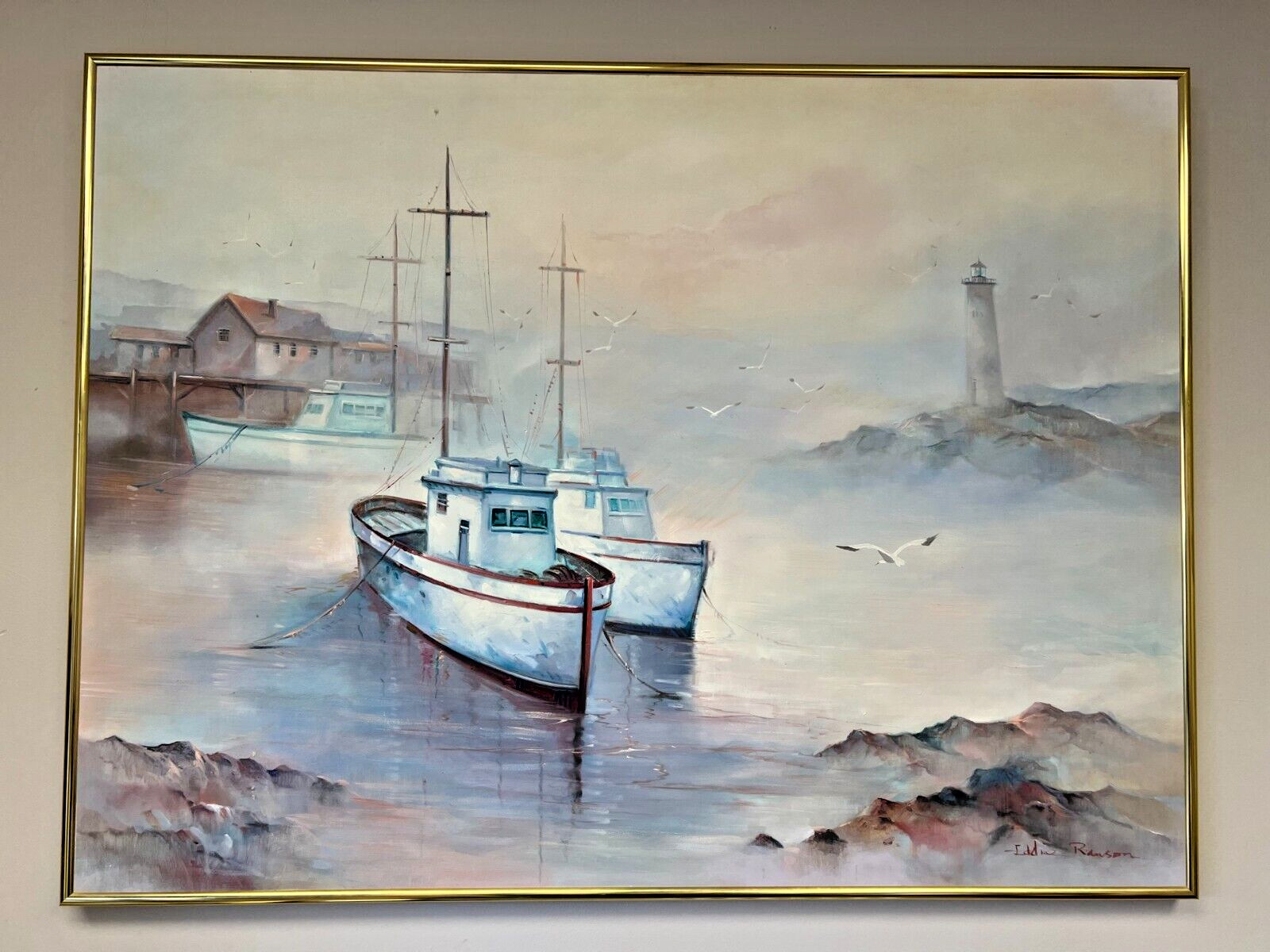 Large signed canvas. Boat near a lighthouse. 48X36