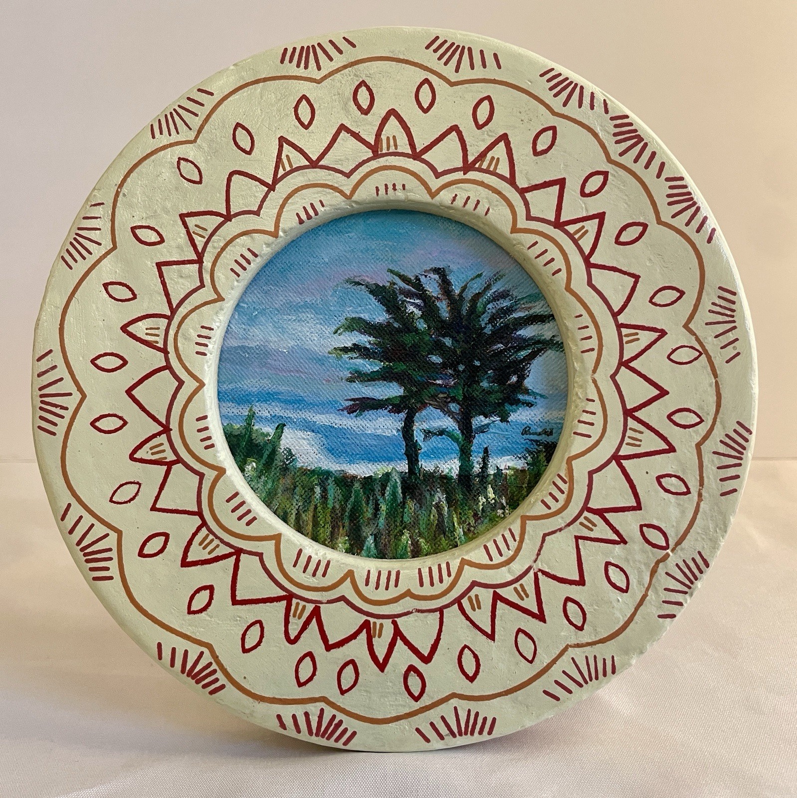 California Cypress Tree Painting Framed Round Coastal Landscape Wall Art