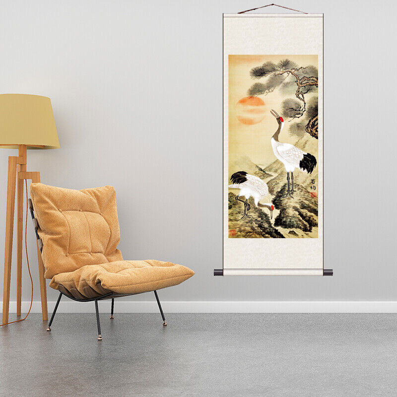 1PC Asian Silk Scroll Painting Crane Feng Shui Wall Hanging Artwork Framed